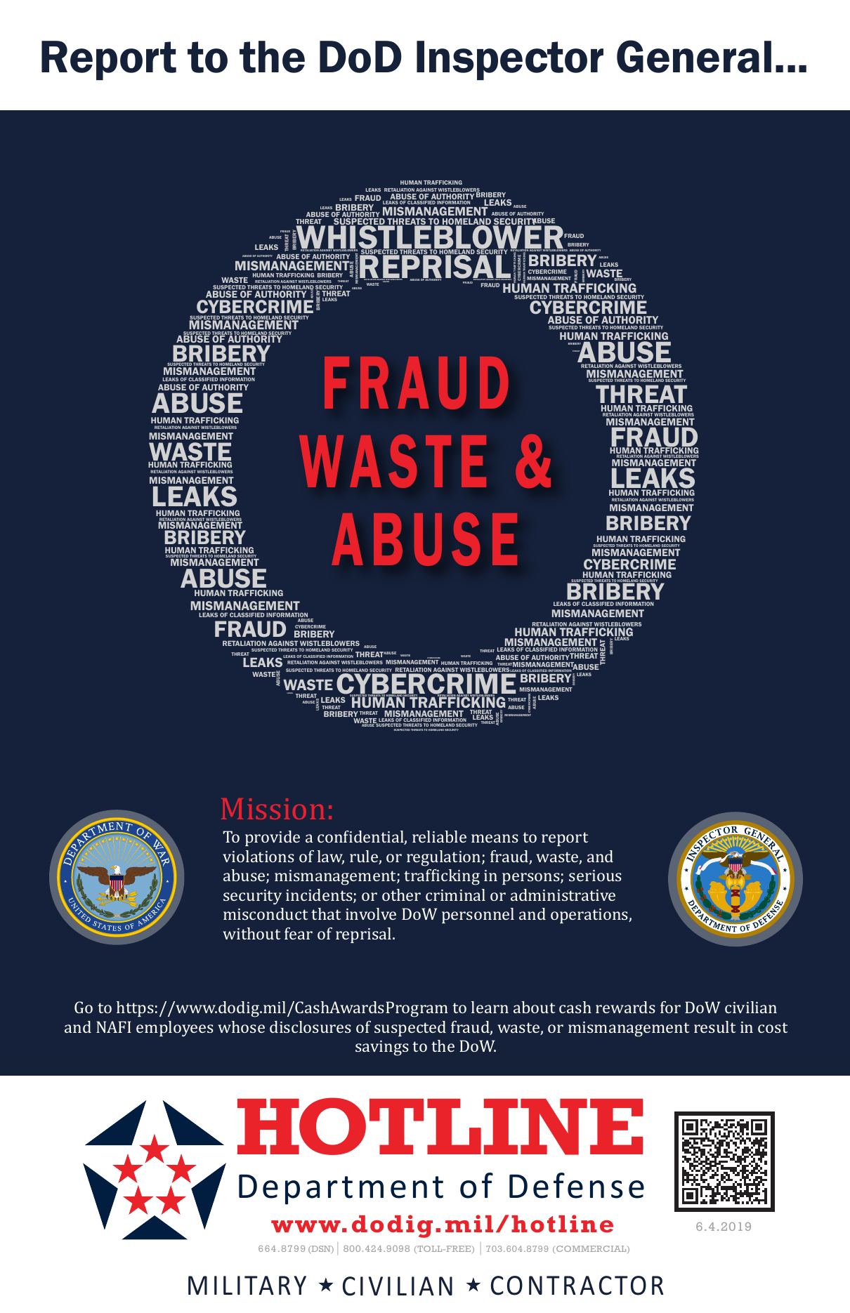 Department of Defense Inspector General Hotline poster. Report fraud, waste and abuse. Telephone 800-424-9098. Online at www.dodig.mil/hotline. Mail: Department of Defense Inspector General, ATTN: DoD Hotline, 4800 Mark Center Drive, Alexandria, VA 22350-1500.